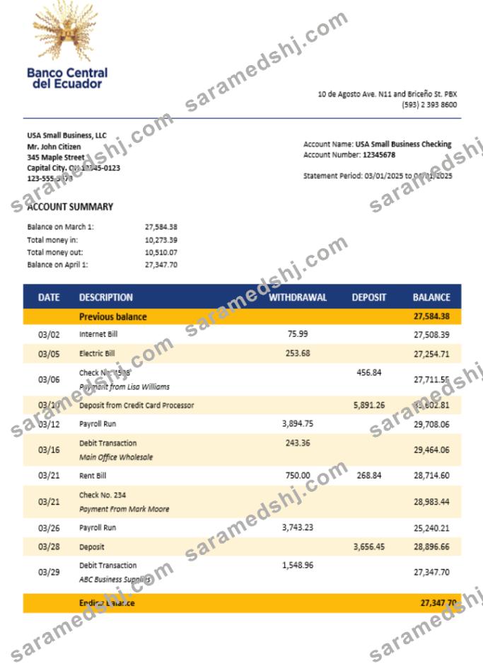 Central Bank of Ecuador business bank statement Word and PDF format